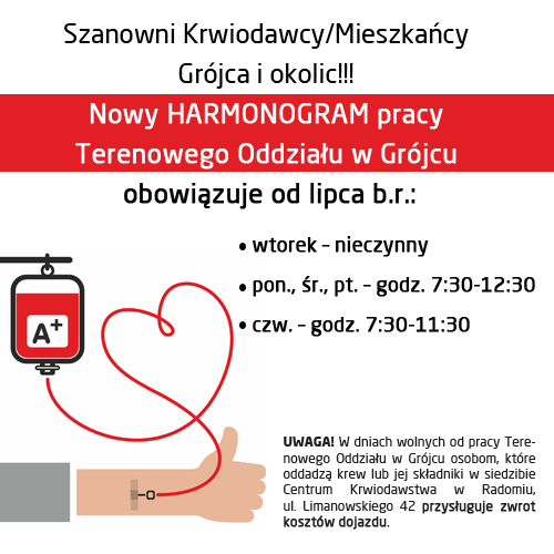 Ikona do artykułu: Nowy harmonogram pracy Terenowego Oddziału w Grójcu - RCKiK w Radomiu